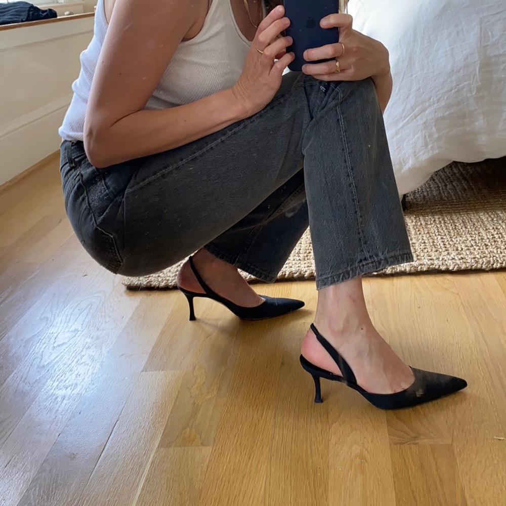 Manolo Blahnik Black Satin Slingback heels